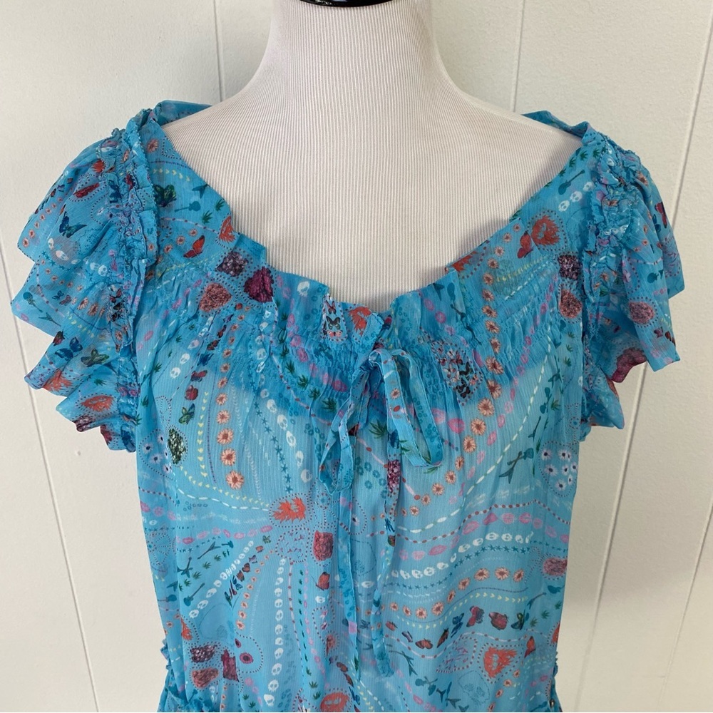 Zadig & Voltaire Tutti Print Psyche  Ruffle Sheer Top SZ XS Blue Novelty Print - Picture 4 of 16
